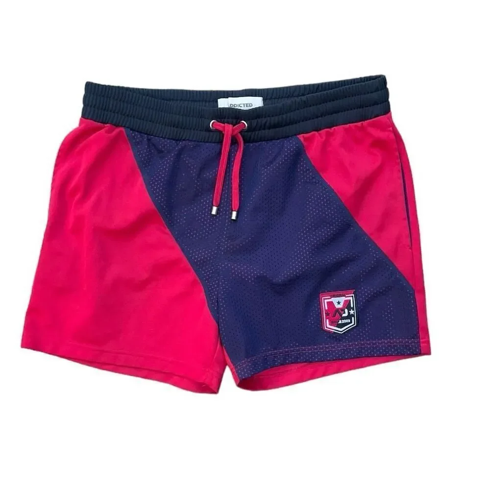 🟥 ADDICTED Men’s Red & Navy Color Block Shorts | Size XL‎